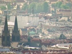 MS AERIAL Shot of church and national theatre/ Prague, Czech Republic Stock Footage
