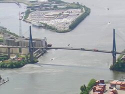 WS AERIAL View of port and bridge on river at Hamburg / Germany Stock Footage