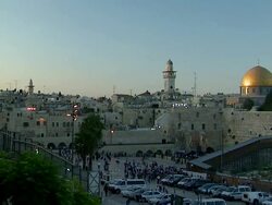 WS Crowds at Wailing Wall Dome of Rock at twilight / Jerusalem, Israel  Stock Footage