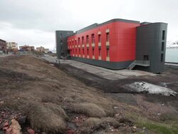 The brand new modern hospital in Barentsburg, a Russian mining settlement on Svalbard archipelago Stock Footage