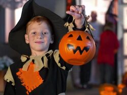 HD DOLLY: Scarecrow Showing His Halloween Bucket Stock Footage