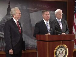 June 2009 MS Senator Lindsey Graham with John McCain and Joseph Liebrman discussing the Victims of Iranian Censorship (VOICE) Act and criticising the Obama administration's policy on the post-election unrest in Iran / Washington D.C. /June 25, 2009 / AUDIO Stock Footage