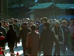 MS Crowd of people walking on cold morning, steamy breath, Traditional first visit of New Year to Meiji shrine, Tokyo, Japan Stock Footage
