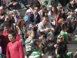 MS PAN Crowds sitting on steps of Metropolitan Museum of Art / New York, United States Stock Footage