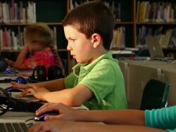 MS PAN Group of students working on computers in library / Santa Fe, New Mexico, United States Stock Footage