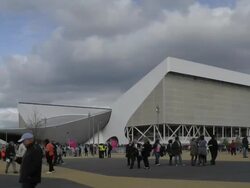 T/L WS London Olympic Aquatics Centre day with people Stock Footage