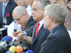 Attorneys Benjamin Brafman and William Taylor with press outside of a Manhattan court Stock Footage