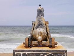 WS View of crow takes off from an old canon pointed out to sea on Galle Face Green esplanade / Colombo, Western Province, Sri Lanka Stock Footage