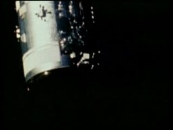 Pan left to service module, Apollo 13,showing damage Stock Footage