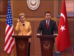 AP cover of news conference by Clinton and Babacan News Clip