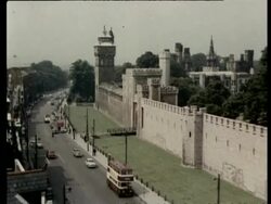 Cricket match, Llandaff Cathedral and Cardiff Castle in Cardiff. Conwy Castle in North Wales, 1957 Stock Footage
