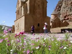 Noravank monastery, butterfly and flowers in the entrace of the complex, and Surb Astvatsatsin in the background  Stock Footage