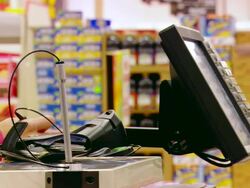CU TU Shot of lady paying at supermarket cashier's desk / Minneapolis, Minnesota, United States Stock Footage
