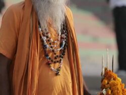 MS TU Indian Sadhu holding flower for offerings / Varanasi, Uttar Pradesh, India Stock Footage