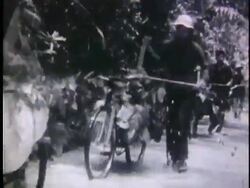 1950s B/W MS Vietnamese peasants transferring supplies by bicycles through jungle / North Vietnam Stock Footage