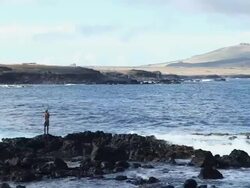 WS View of Fisherman try to catching fish / Rapa Nui National Park, Easter Island, Chile  Stock Footage