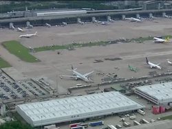 Manchester airport aerials of Qatar Airways plane which was the subject of a hoax bomb threat News Clip