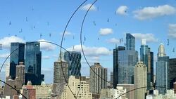 data stream of numbers animated over city background. digital revolution concept. global networking idea Stock Footage