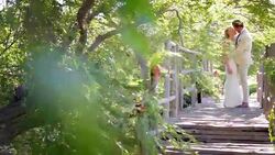 Bride and groom kissing on footbridge under windy trees Stock Footage