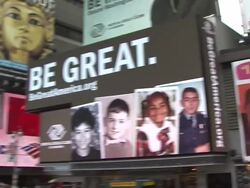 ATMOSPHERE: signage at the Jennifer Lopez Unveils 'Be Great' Youth Advocacy Campaign Billboard Stock Footage