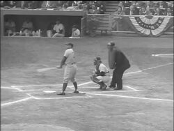 B/W 1955 REAR VIEW Brooklyn Dodger Roy Campanella at bat waiting for pitch / World Series Stock Footage
