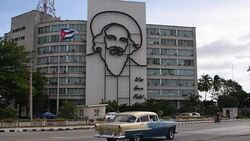 Sculpture of Camilo Cienfuegos on the Ministry of Communications Building, Revolution Square, Havana, Cuba Stock Footage