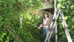 Woman ready to Clear Overgrown Garden Stock Footage