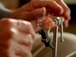  CU TD ZI PAN Senior man carefully assembling fly for fly-fishing / Cleatwater, FLORIDA, USA Stock Footage