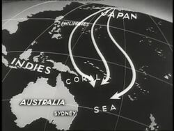 Animated arrows, signifying the Japanese military, move from Japan to the Coral Sea and then ships move off the coast of Australia causing the arrows to retreat. News Clip