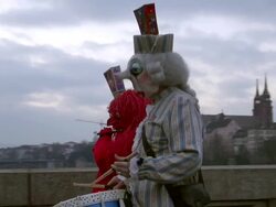 MS Shot of two people wearing mask and celebrating in Basel Carnival (Basler Fasnacht) / Basel, Switzerland Stock Footage