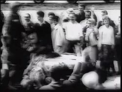B/W 1961 US soldiers riding in off-road vehicle thru waving crowd / Berlin, Germany / newsreel Stock Footage