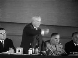 B/W 1960s Nikita Khrushchev shaking fist + speaking / newsreel Stock Footage