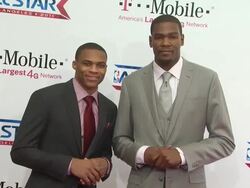Russell Westbrook (L) and Kevin Durant at the T-Mobile Magenta Carpet At The 2011 NBA All-Star Game at Los Angeles CA. (Footage by WireImage Video/GettyImages) Stock Footage