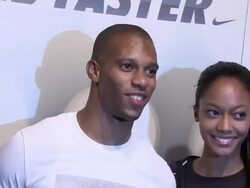Victor Cruz (center) at Nike Celebrates NFL Uniform Retail Launch at Niketown New York with Fans, Athletes and Entertainers Stock Footage