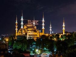 High view on the Blue Mosque during Ramadan at night Stock Footage