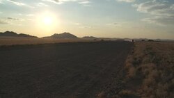 A safari jeep drives along a road in the Namib Desert at golden hour. Stock Footage