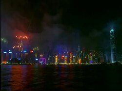 WA Chinese new year fireworks from the rooftops of skyscrapers in central and Admiralty districts, Hong Kong Island, China Stock Footage