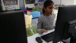 Schoolgirl typing at computer in computer lab Stock Footage