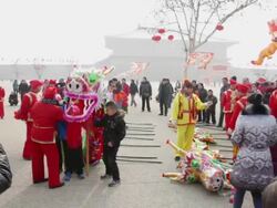 MS Boy taking group photo with dragon at temple fair to celebrate Chinese spring festival / xi'an, shaanxi, china Stock Footage
