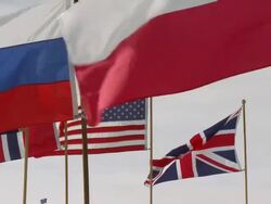 MS flags of Antarctic treaty states, Chile, Russia, Norway, US, Britain / South Pole, Antarctica Stock Footage