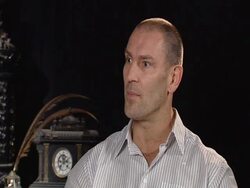 INTERVIEW Dave Legeno on how he keeps forgetting he's in his werewolf costume on set, on how confortable he Stock Footage