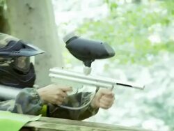Paintball Player Protecting The Area Stock Footage