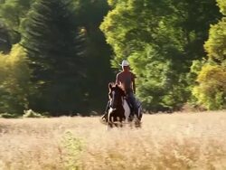 WS PAN View of Woman horseback riding through grassy field / Near New Castle, Colorado, United States Stock Footage