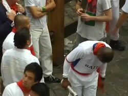 Straggling toro causes problems in Pamplona's Runn Stock Footage