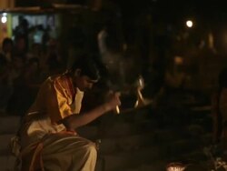 MS TU Aarti Puja prayer ceremony at Ganges / Varanasi, India Stock Footage