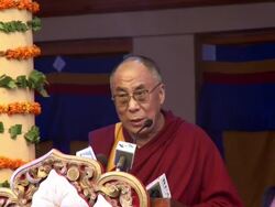 MS Dalai Lama surrounded by microphones at press junction AUDIO / Dharamsala, Himachal Pradesh, India Stock Footage