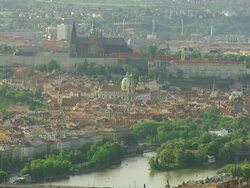WS AERIAL View of church, castle and bridge / Prague, Czech Republic Stock Footage