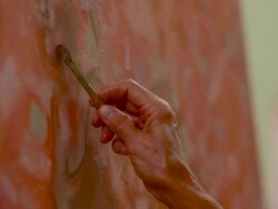 CU PAN Woman working on lagre paingting of model and in between looking at model for painting / Tivoli, New York, United States Stock Footage