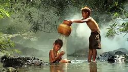 HD: Asian boys having fun playing in the waterfall. Stock Footage