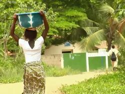 WS, Rear view of woman carrying vessel with water on head towards village, Bonou, Porto-Novo, Benin Stock Footage